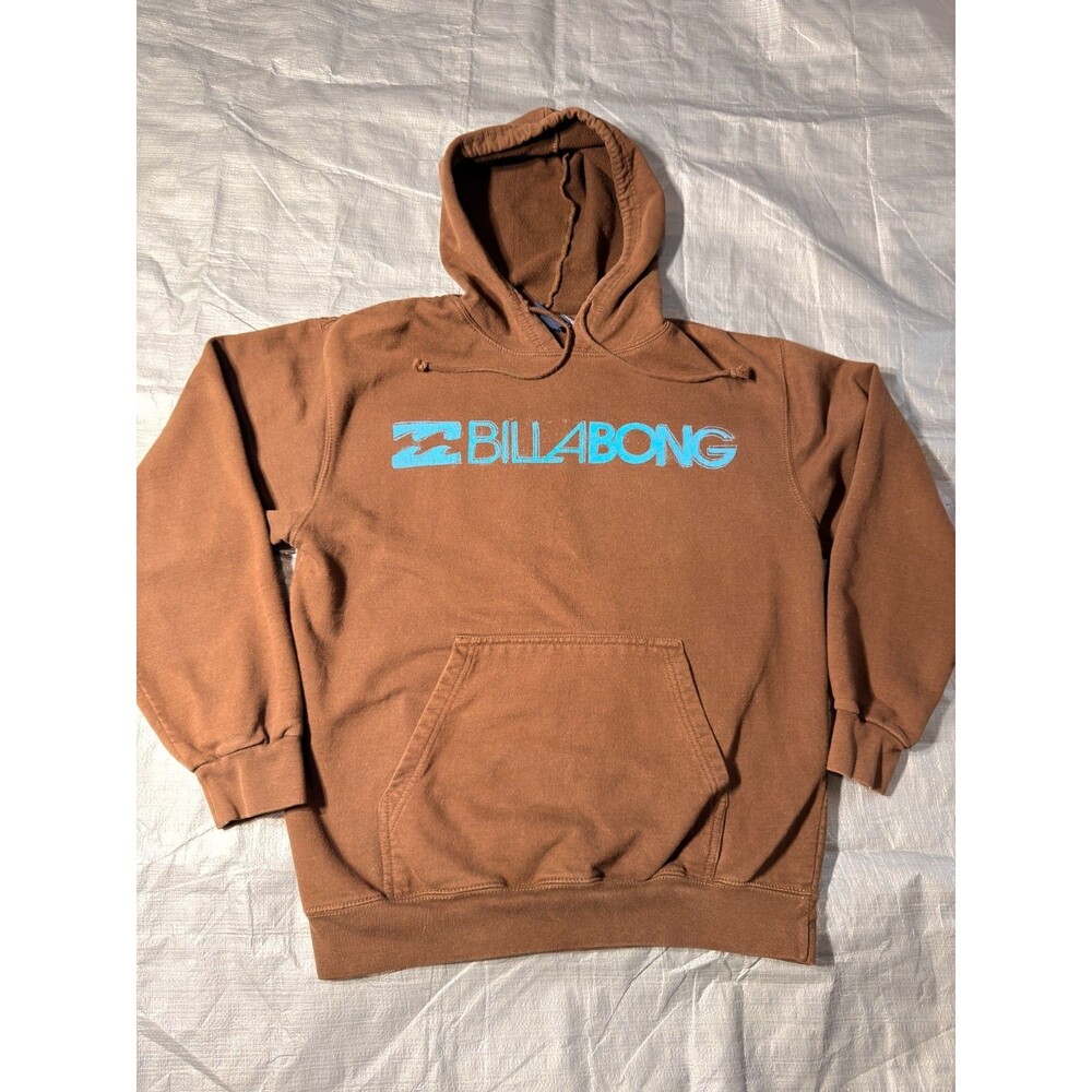 Billabong Hoodie Sweatshirt Mens Medium Brown Blue Spellout Logo Y2K Skate Surf